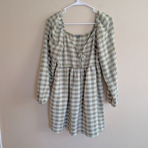 Wild Fable Green and White Gingham Long Sleeve Mini Dress Size S